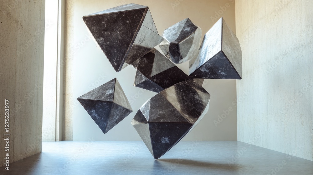 Poster geometric shapes in abstract space with floating forms and light