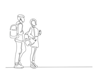Continuous line art drawing of young man and woman from college or university with backpack. Students walking with schoolbag line art drawing vector illustration. Editable stroke.