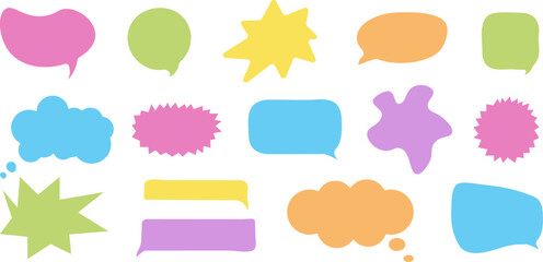 Flat Speech Bubble Set Different Shapes. Simple Multicolored Chat Balloon. Cute Frame speech bubble Collection. Blocks for Text Box Different Shapes. Dialogue Vector Set in Style Minimalism. 
