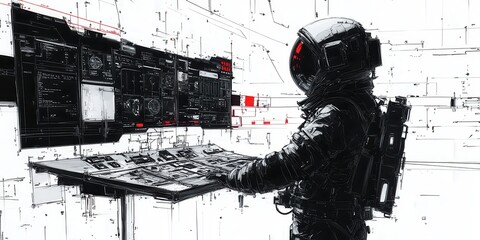 Obraz premium Astronaut monitoring space systems in high-tech control room