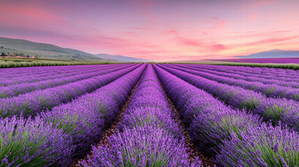 Obraz premium A stunning lavender field stretches under a colorful sky, showcasing vibrant purple rows that create a serene and picturesque landscape.