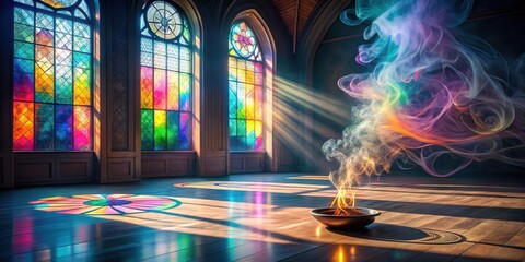 Serene Sanctuary Colorful Smoke Rising from a Bowl in a Hall with Stained Glass Windows