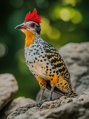 Colorful bird with red mohawk on rock
