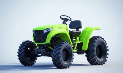 Obraz premium Bright green tractor parked on a smooth surface with a clear blue background, ready for farm use