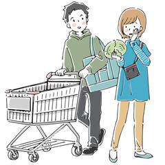 ショッピングカートで日用品を選ぶ夫婦