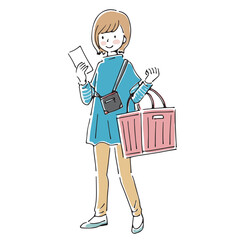 メモを見ながらレジかごで買い物をする女性