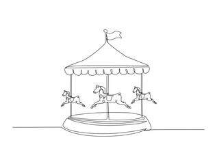Carousel horses line art drawing vector illustration. Continuous line art drawing of Amusement Parks Carousel. Editable stroke.