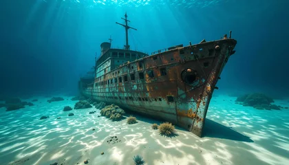 Gordijnen A Old Shipwreck under the blue Seafloor Ship are covered coral and seaweed. © mahbub studio