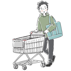 ショッピングカートで買い物をする男性