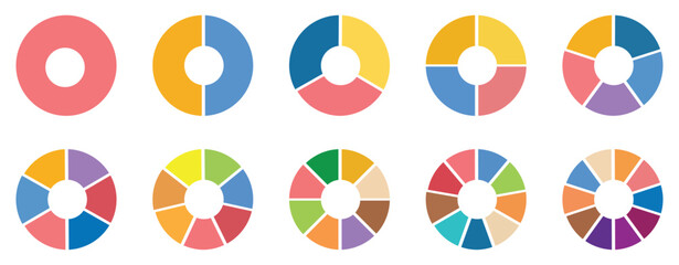 Circle division infographic icon set. Pie chart divided 1,2,3,4,5,6,7,8,9,10, equal parts. Color pizza or donut round diagram. Infographic wheel segment and fraction. Vector illustration.