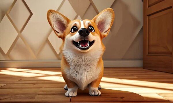 A cheerful, digitally rendered corgi dog stands on a hardwood floor in a sunlit room.