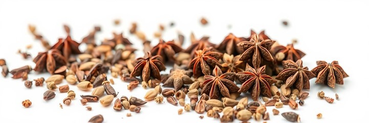 Allspice seeds scattered on a light white background, perfect for illustrating the concept of adding spices to dishes, seeds, cooking, health