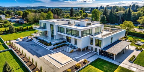 Construction's aerial perspective showcases a contemporary White House design, pristine white.