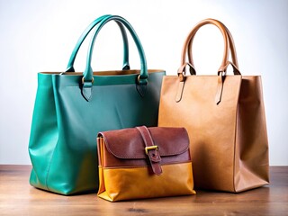 Contrasting textures: leather, fabric, paper, and plastic bags displayed against a clean white background.