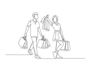 Man and Pretty woman holding shopping line art drawing vector illustration. Continuous line art drawing of happy shopping concept. Editable stroke.