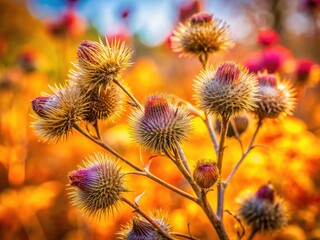 Obraz premium Crisp autumn leaves, blurred background, showcasing stunning burdock bokeh.