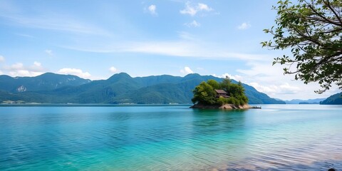 Obraz premium A serene island surrounded by calm waters in the middle of a picturesque lake, perfect for a creative banner, beauty, destination, banner
