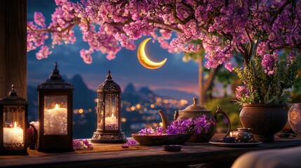 Serene Evening Scene with Blossom Trees and Moonlit Lanterns