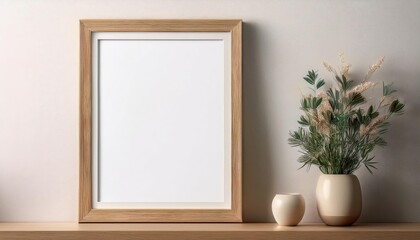 Vertical Wooden Frame on Beige and White Wall Vibrant 3D Render of a Rustic Mockup Poster in a Minimalistic Setting, Exuding Modern Elegance