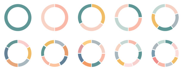 Pie chart set, segmented circle icons with circle diagram. Pie chart divided Circle diagram collection. Color pizza or donut round diagram. Infographic wheel or sections parts. Vector illustration.