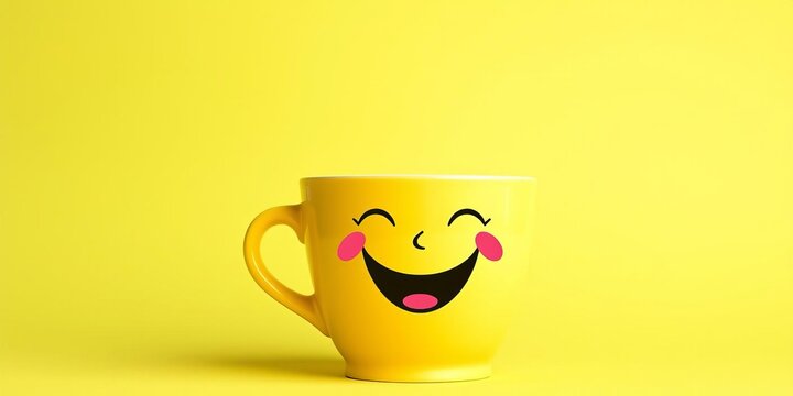 A vibrant yellow coffee cup with a happy face design, ideal for brightening up your morning routine or bringing joy to any drink, happy, joy, beverage