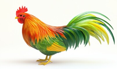 Fototapeta premium Colorful rooster with vibrant plumage standing against a plain background, showcasing its feathers