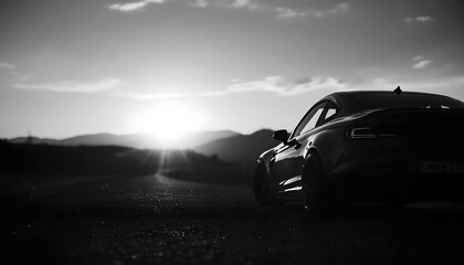 Naklejka premium Car on Road at Sunset Black and White Scenic Silhouette View