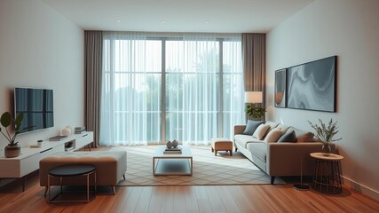 Fototapeta premium Bright and spacious living room with sleek modern furniture, minimalist decor, and large windows, home, minimalist, decor