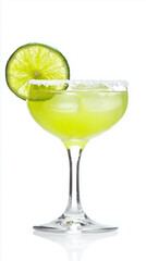 Classic Margarita cocktail with a salted rim and lime garnish on a white background