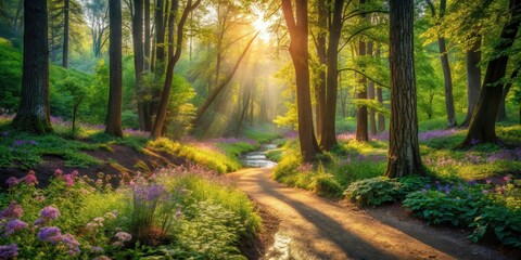 Naklejka premium Golden Sunlight Illuminates a Serene Forest Path Lined with Vibrant Blossoms and a Gentle Stream