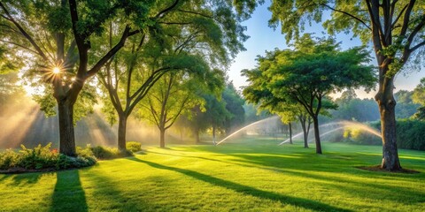 Serene sunrise illuminating lush green lawn, majestic trees casting long shadows, gentle mist from sprinklers creating an idyllic park scene