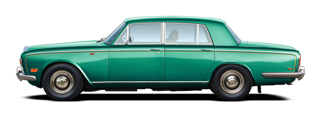 Classic English luxury retro car all blue green. In png format on transparent background.