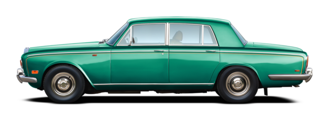 Classic English luxury retro car all blue green. In png format on transparent background.