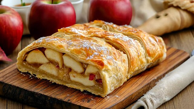 Freshly baked apple strudel on a wooden cutting board with red apples nearby, Freshly baked apple strudel on wooden cutting board with apples in background