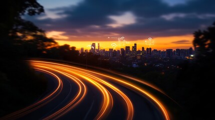 Obraz premium 5G Smart City Network at Sunset, Fast Lane to the Future