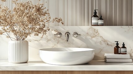 Fototapeta premium Elegant Bathroom Featuring a Pristine White Sink Surrounded by Delicate Fresh Flowers in a Charming Vase Creating a Serene and Inviting Atmosphere for Relaxation and Comfort