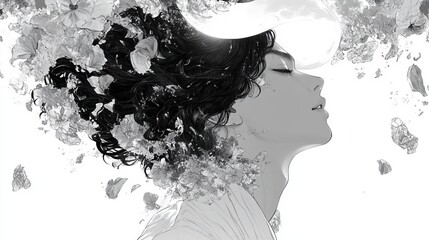 Graceful Woman with Vibrant Flower in Her Hair Portraying Natural Beauty and Elegance Surrounded by Soft Natural Light Creating a Dreamy Atmosphere in a Lush Green Environment