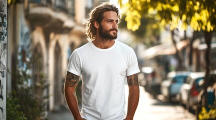 Fototapeta premium Portrait of a Thoughtful Man with a Beard Dressed in a Crisp White Shirt Exuding Confidence and Style Against a Soft Focused Background Creating an Elegant and Introspective Atmosphere