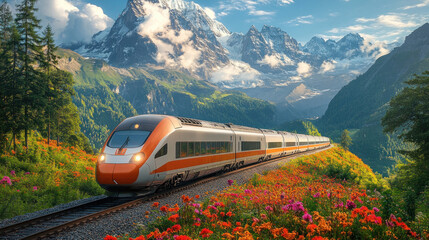 High-speed train emerging from a tunnel into a sunlit valley with dramatic mountain peaks