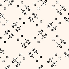Simple minimalist floral pattern. Minimal seamless texture with small flower shapes. Abstract black and white geometric background. For print, package