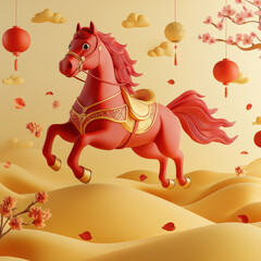 3D illustration of a red horse galloping on the golden sand dunes
