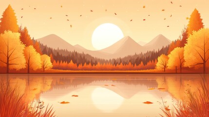Autumn lake, mountain sunset, falling leaves, peaceful scene, calendar