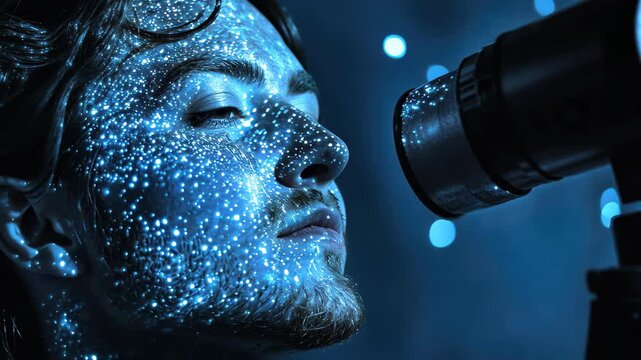 Astronomer gazes at stars through telescope under a starlit sky at night, Astronomer looking up to sky with telescope and stars projected onto his face
