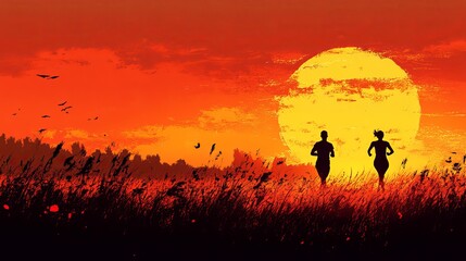 Fototapeta premium A Couple Enjoying a Romantic Stroll Through a Lush Field of Tall Grass Bathed in Soft Golden Light Creating a Peaceful and Serene Atmosphere Perfect for a Nature Escape Together