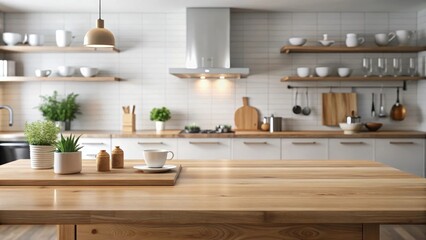 Light-filled kitchen with wooden table, showcasing a minimalist design and calm atmosphere