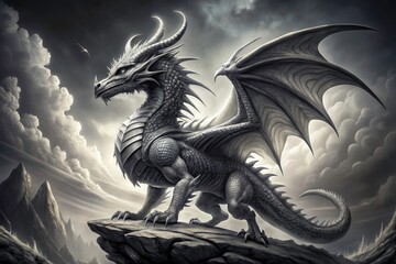 High-depth-of-field pencil sketch: a realistic gray dragon, rendered in monochrome, a fantasy art illustration.