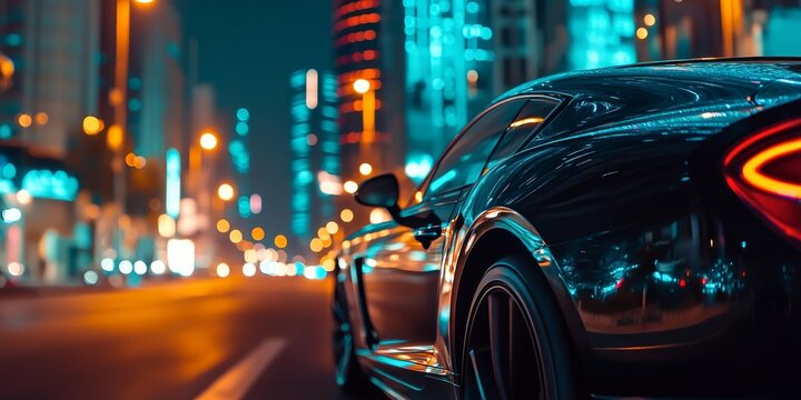 Modern sports car driving through riyadh at night, saudi arabia