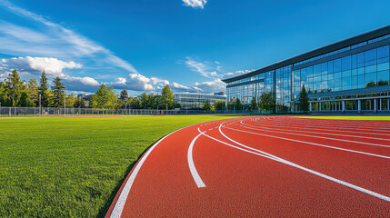 Fototapeta premium a red running track with white lines in the foreground, a green grass field