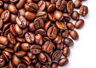 Fototapeta premium High-resolution image: glistening coffee beans, intricate texture showcased against a pure white.