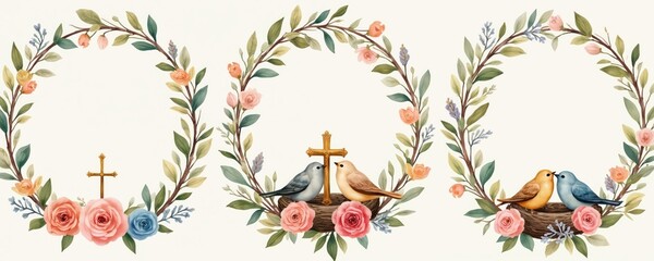 Watercolor template set for baptism invitations. Floral vintage rose frame with holy cross and cute birds. Girl christening celebration. Little princess party invitation design.